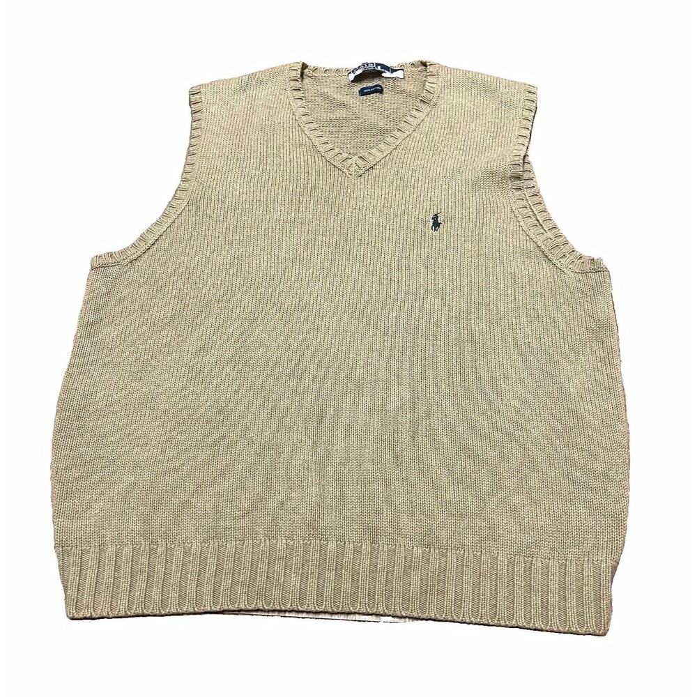 Vintage Polo Ralph Lauren Men’s L Beige Cotton Knit V-Neck Sweater Vest Logo